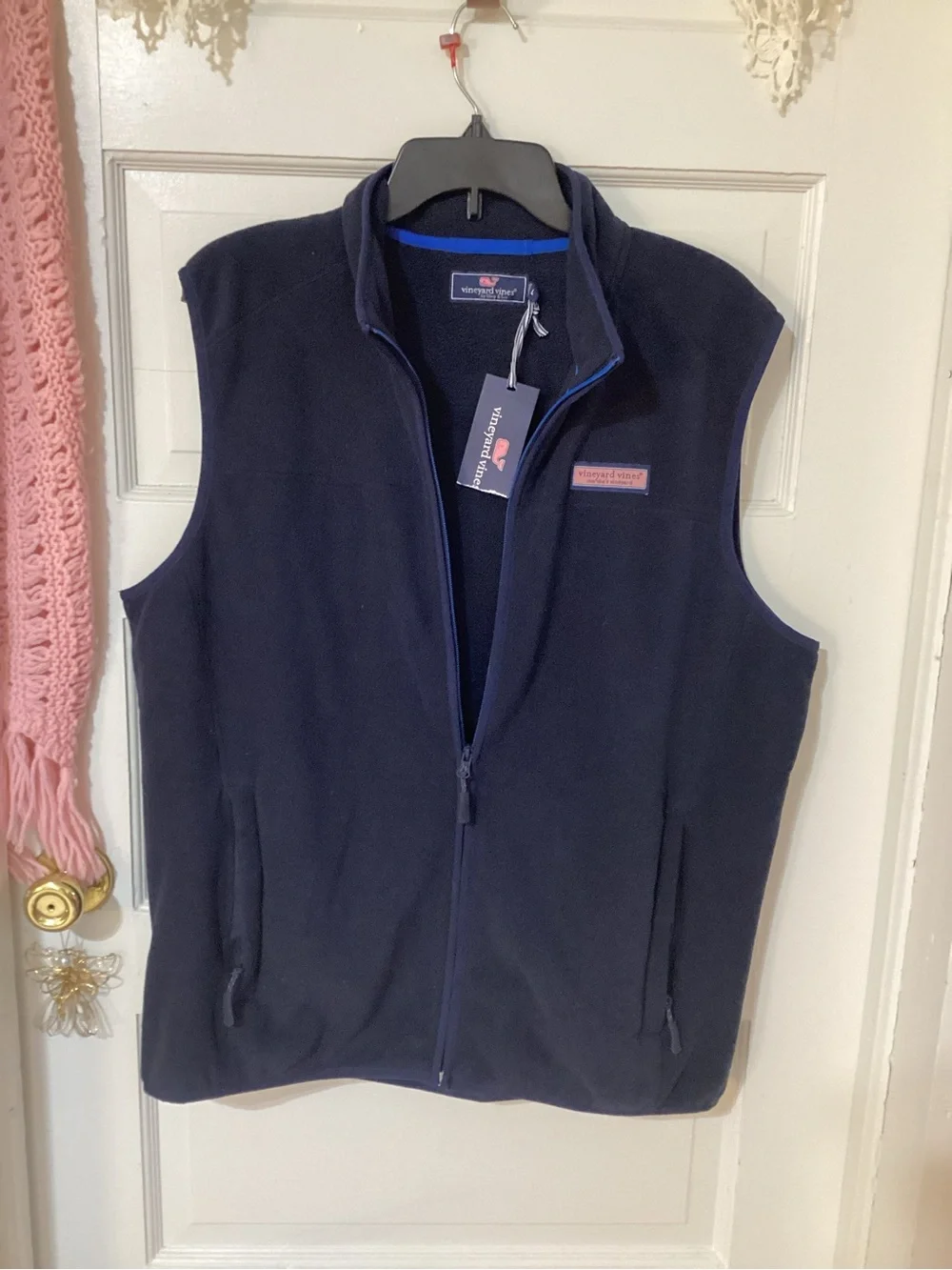 Vineyard Vines Navy Harbor Fleece Vest with Pink Logo Accent